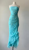 Blue Chiffon Beaded Sheath Strapless Prom Dresses Formal Evening Dress with Ruffles HZ1024