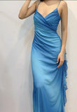 Blue Glitter Chiffon Party Dress Spaghetti Straps Ruffles Long Prom Dresses HZ1024