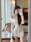 style white one-shoulder knitted dress HZ1024