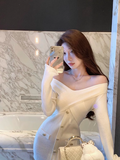 style white one-shoulder knitted dress HZ1024
