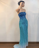 Gradient Blue Strapless Beaded Chiffon Sheath Prom Dresses Vintage Formal Evening Dress HZ1024