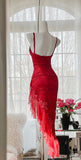 Red Lace Spaghetti Straps Prom Dresses Vintage Party Dresses with Ruffles HZ1024