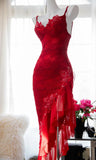 Red Lace Spaghetti Straps Prom Dresses Vintage Party Dresses with Ruffles HZ1024