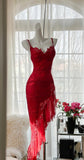 Red Lace Spaghetti Straps Prom Dresses Vintage Party Dresses with Ruffles HZ1024