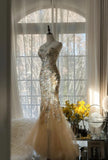 Light Champagne Sweetheart Neck Tulle Sequin Mermaid Long Prom Dresses Elegant Party Dress HZ1024