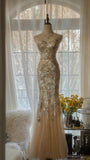 Light Champagne Sweetheart Neck Tulle Sequin Mermaid Long Prom Dresses Elegant Party Dress HZ1024