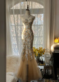 Light Champagne Sweetheart Neck Tulle Sequin Mermaid Long Prom Dresses Elegant Party Dress HZ1024