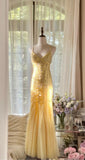 Butter Yellow Mermaid Spaghetti Straps Tulle Sequin Long Prom Dresses Vintage Backless Evening Gowns HZ1024