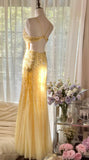 Butter Yellow Mermaid Spaghetti Straps Tulle Sequin Long Prom Dresses Vintage Backless Evening Gowns HZ1024