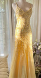 Butter Yellow Mermaid Spaghetti Straps Tulle Sequin Long Prom Dresses Vintage Backless Evening Gowns HZ1024