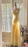 Butter Yellow Mermaid Spaghetti Straps Tulle Sequin Long Prom Dresses Vintage Backless Evening Gowns HZ1024