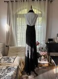 Black and White High Waist Scoop Neck Beaded Chiffon Prom Dresses, Vintage Evening HZ1024