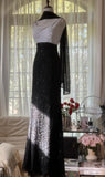 Black and White High Waist Scoop Neck Beaded Chiffon Prom Dresses, Vintage Evening HZ1024