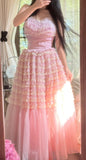 Pink Tulle Layered A-line Strapless Birthday Prom Dresses Formal Evening Gowns HZ1024