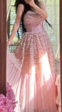 Pink Tulle Layered A-line Strapless Birthday Prom Dresses Formal Evening Gowns HZ1024
