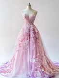 Pink Purple Gradient Sweetheart Neck A-Line Tulle Applique Long Prom Dresses Unique Wedding Dress HZ1024