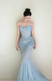 Light Blue Mermaid Sweetheart Neck Tulle Beaded Long Prom Dresses Sweet Formal Evening Dresses HZ1024