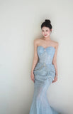 Light Blue Mermaid Sweetheart Neck Tulle Beaded Long Prom Dresses Sweet Formal Evening Dresses HZ1024