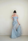 Light Blue Mermaid Sweetheart Neck Tulle Beaded Long Prom Dresses Sweet Formal Evening Dresses HZ1024