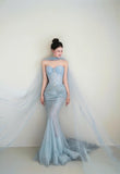 Light Blue Mermaid Sweetheart Neck Tulle Beaded Long Prom Dresses Sweet Formal Evening Dresses HZ1024