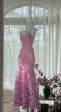 Pink Purple Spaghetti Straps Satin Beading Long Prom Dress Retro Backless Evening Gowns HZ1024
