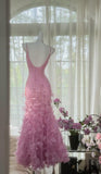 Pink Purple Spaghetti Straps Satin Beading Long Prom Dress Retro Backless Evening Gowns HZ1024