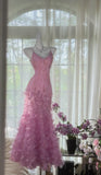 Pink Purple Spaghetti Straps Satin Beading Long Prom Dress Retro Backless Evening Gowns HZ1024
