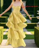 Butter Yellow Sweetheart Neck A-Line Jacquard Satin Layered Long Prom Dresses Formal Evening Dress HZ1024