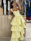Butter Yellow Sweetheart Neck A-Line Jacquard Satin Layered Long Prom Dresses Formal Evening Dress HZ1024