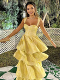 Butter Yellow Sweetheart Neck A-Line Jacquard Satin Layered Long Prom Dresses Formal Evening Dress HZ1024