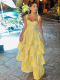 Butter Yellow Sweetheart Neck A-Line Jacquard Satin Layered Long Prom Dresses Formal Evening Dress HZ1024