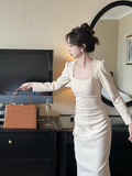 minimalist square collar white dress HZ1024