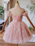 Off Shoulder Tulle Lace Pink Short Prom Dress, Pink Homecoming Dress HZ1024
