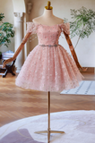 Off Shoulder Tulle Lace Pink Short Prom Dress, Pink Homecoming Dress HZ1024