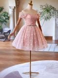 Off Shoulder Tulle Lace Pink Short Prom Dress, Pink Homecoming Dress HZ1024