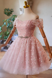 Off Shoulder Tulle Lace Pink Short Prom Dress, Pink Homecoming Dress HZ1024