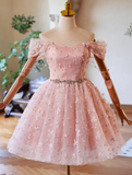 Off Shoulder Tulle Lace Pink Short Prom Dress, Pink Homecoming Dress HZ1024