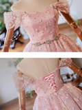 Off Shoulder Tulle Lace Pink Short Prom Dress, Pink Homecoming Dress HZ1024