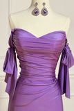 Purple Sweetheart Satin Pleated Sheath Silt Prom Dresses Elegant Formal Evening Gowns HZ1024