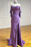 Purple Sweetheart Satin Pleated Sheath Silt Prom Dresses Elegant Formal Evening Gowns HZ1024