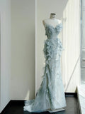Neck Mermaid Tulle Sequins Elegant Long Prom Dresses Exquisite Embroidery Applique Train Wedding Dress HZ1024