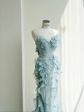 Neck Mermaid Tulle Sequins Elegant Long Prom Dresses Exquisite Embroidery Applique Train Wedding Dress HZ1024