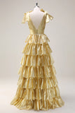 Gold V-neck Glitter Satin Layered A-Line Prom Dresses Sweet Formal Evening Dress HZ1024