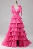 Gold V-neck Glitter Satin Layered A-Line Prom Dresses Sweet Formal Evening Dress HZ1024