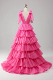Gold V-neck Glitter Satin Layered A-Line Prom Dresses Sweet Formal Evening Dress HZ1024