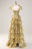 Gold V-neck Glitter Satin Layered A-Line Prom Dresses Sweet Formal Evening Dress HZ1024
