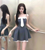 style stitching suspender dress with bow waist short skirt HZ1024
