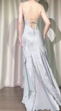 Silver V-neck Satin Beaded Party Dresses Backless Sexy Prom Dresses HZ1024
