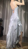 Silver V-neck Satin Beaded Party Dresses Backless Sexy Prom Dresses HZ1024