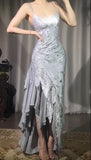 Silver V-neck Satin Beaded Party Dresses Backless Sexy Prom Dresses HZ1024